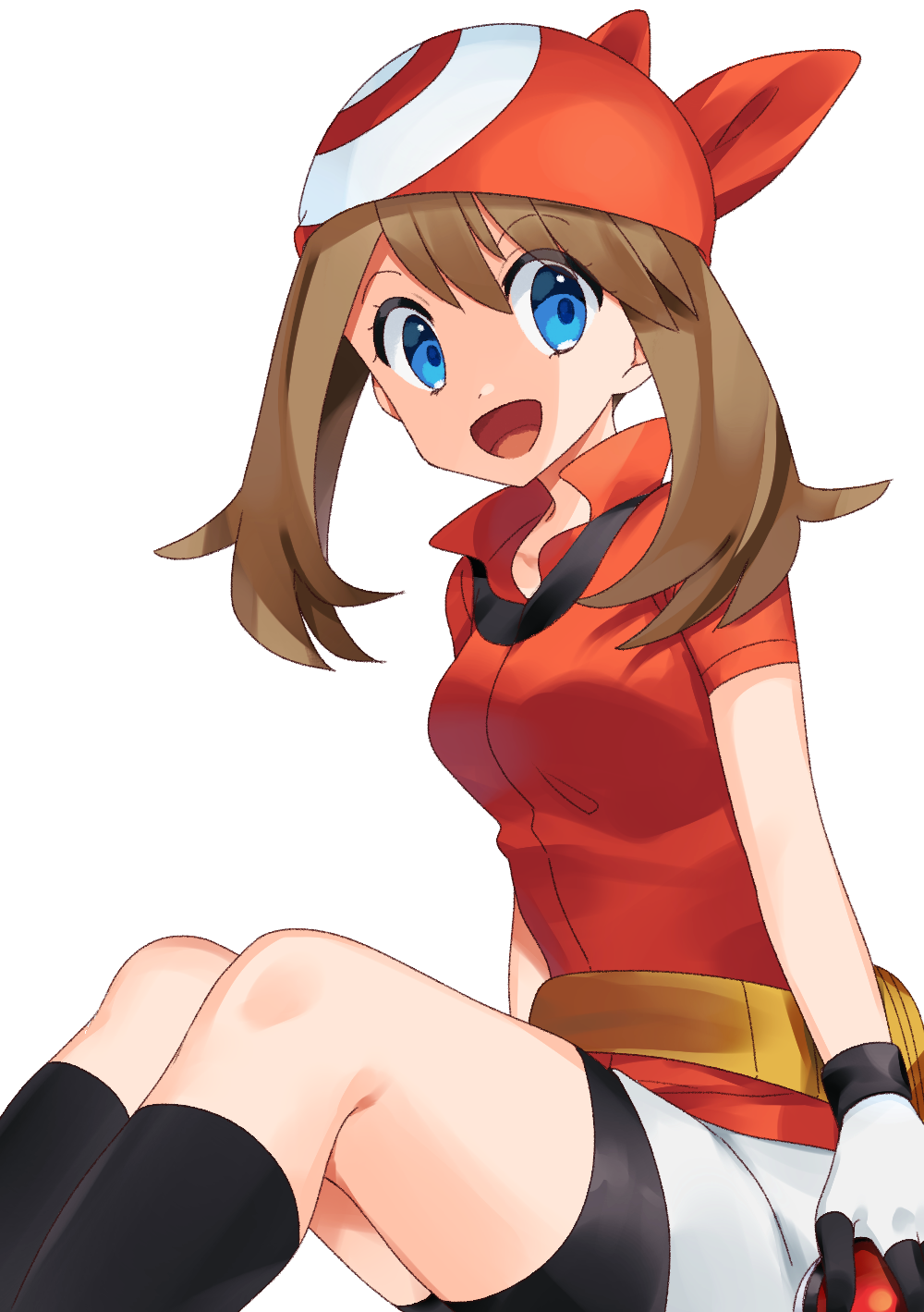 1girl :d bandana bangs bike_shorts black_legwear black_shorts blue_eyes breasts brown_hair collared_shirt commentary_request eyebrows_visible_through_hair eyelashes gloves hair_between_eyes haruka_(pokemon) highres long_hair open_mouth pokemon pokemon_(game) pokemon_rse red_bandana red_shirt shirt shorts sitting smile socks solo tongue two-tone_gloves yuihiko