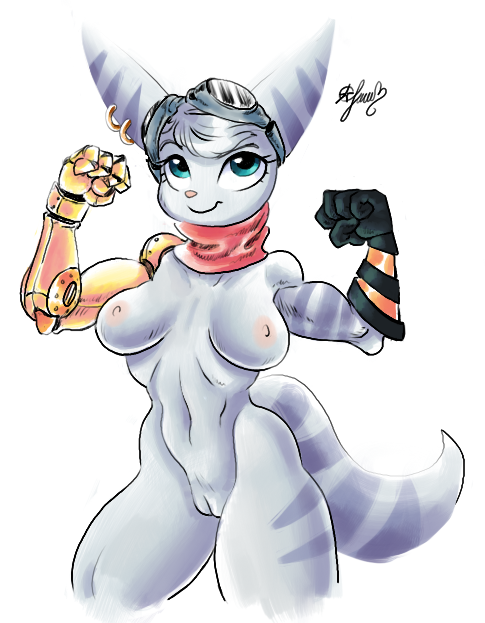 anthro blue_eyes breasts ear_piercing ear_ring eyewear female flexing genitals goggles goggles_on_head lombax mammal mechanical_arm nipples nude panthera_cantus piercing playstation prosthetic prosthetic_arm prosthetic_limb pussy ratchet_and_clank rift_apart_lombax scarf simple_background solo sony_corporation sony_interactive_entertainment stripes video_games