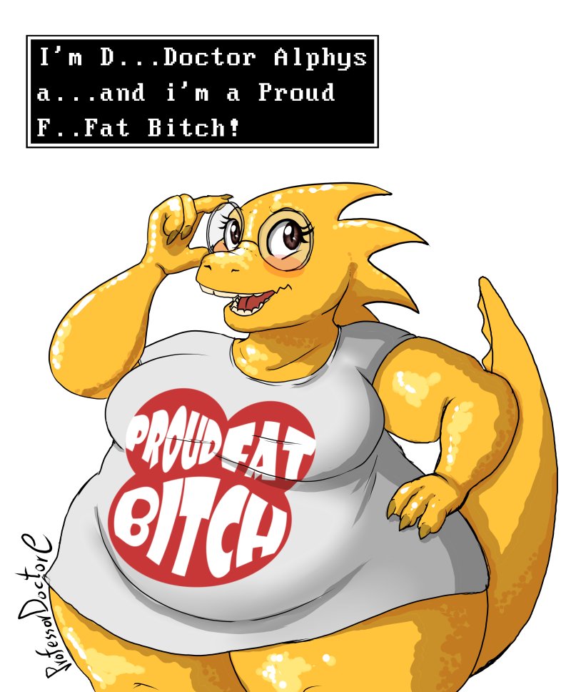 alphys anthro belly big_breasts blush bottomless breasts brown_eyes buckteeth claws clothed clothing dialogue dialogue_box english_text eyewear female glasses hand_on_hip holding_glasses huge_thighs non-mammal_breasts obese obese_female open_mouth open_smile overweight overweight_female profanity professordoctorc reptile scales scalie shirt signature simple_background smile solo standing stuttering teeth text thick_tail thick_thighs tight_clothing tight_shirt tight_topwear topwear undertale video_games wide_hips yellow_body yellow_scales