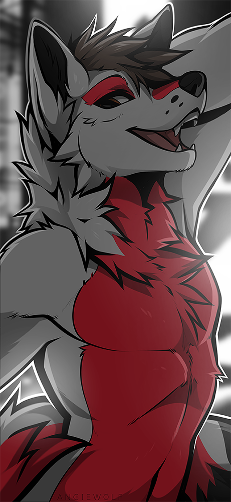 2020 angiewolf anthro black_nose brown_eyes canid canine digital_media_(artwork) fox fur grey_body grey_fur male mammal muscular muscular_male open_mouth red_body red_fur smile solo teeth tongue