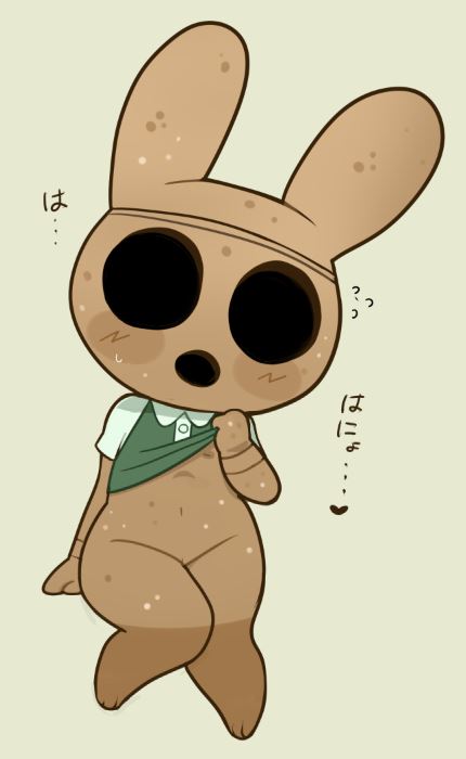 animal_crossing animate_inanimate anthro blush clothing_lift coco_(animal_crossing) eyeless female gyroid lagomorph leporid mammal nintendo rabbit sarikyou solo toony video_games