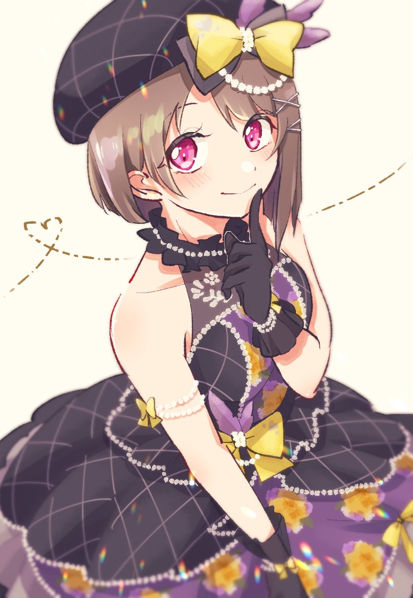 1girl airan_alp bare_arms bare_shoulders black_bow black_dress black_gloves black_headwear blurry bow bracelet brown_hair depth_of_field dress ears eyebrows_visible_through_hair flower from_above gloves hand_on_own_cheek heart highres idol jewelry layered_dress lens_flare looking_to_the_side love_live! love_live!_school_idol_festival_all_stars nakasu_kasumi off-shoulder_dress off_shoulder pearl_(gemstone) pearl_bracelet perfect_dream_project purple_feathers red_eyes short_hair simple_background sitting solo yellow_bow yellow_flower