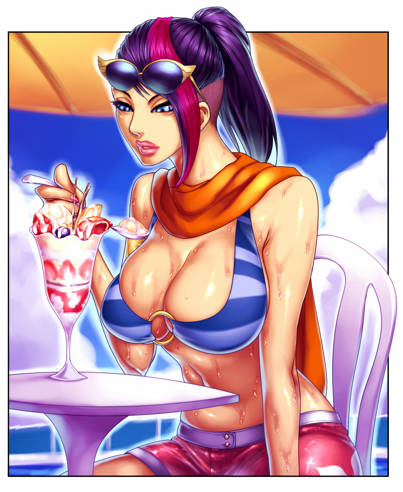 1girl blue_eyes breasts cleavage eyewear_on_head fiora_laurent food ice_cream large_breasts league_of_legends lipstick makeup multicolored_hair nose o-ring o-ring_top pink_hair pink_lips ponytail pool_party_(league_of_legends) pool_party_fiora purple_hair sawao scarf shorts sitting solo spoon streaked_hair sundae sunglasses sweat two-tone_hair undercut