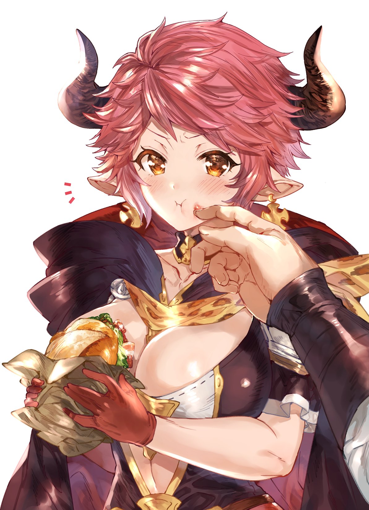 1boy 1girl animal_print annoyed blush breasts cape cleavage closed_mouth collarbone cross cross_earrings cygames detached_collar drang_(granblue_fantasy) draph earrings eno_yukimi finger_to_mouth food food_in_mouth food_on_face gloves granblue_fantasy hamburger highres holding holding_food hood hood_down horns jewelry large_breasts leopard_print long_sleeves looking_at_viewer out_of_frame pink_hair pointy_ears red_cape shiny shiny_hair short_hair short_sleeves sidelocks simple_background stomach_cutout sturm_(granblue_fantasy) upper_body white_background wiping_face yellow_eyes