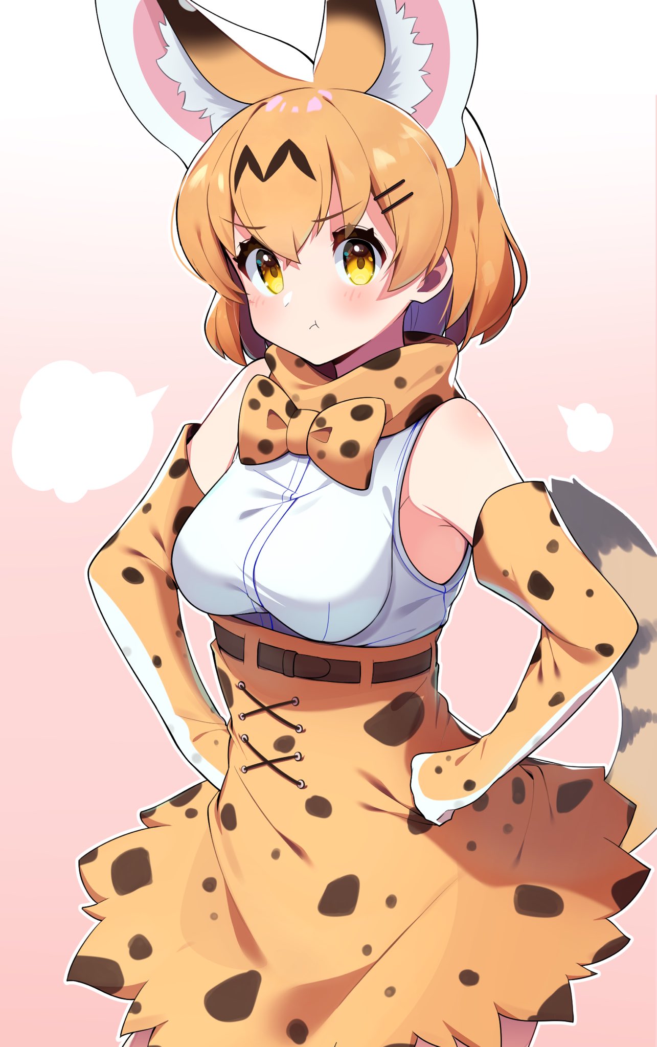 1girl :t animal_ears bare_shoulders belt blonde_hair bow bowtie commentary_request cowboy_shot elbow_gloves extra_ears eyebrows_visible_through_hair gloves hands_on_hips high-waist_skirt highres kemono_friends looking_at_viewer pouch print_gloves print_neckwear print_skirt serval_(kemono_friends) serval_ears serval_girl serval_print serval_tail shirt short_hair skirt sleeveless solo tail takosuke0624 white_shirt yellow_eyes