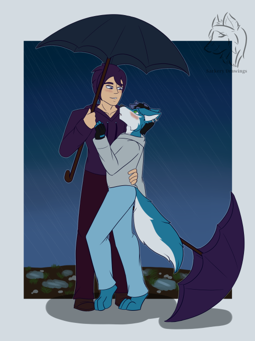 anthro blush canid canine canis duo holding_close human male male/male mammal not_furry perry_(skitch) raining romantic_ambiance romantic_couple sarkery_drawings sebastian_(stardew_valley) stardew_valley wolf
