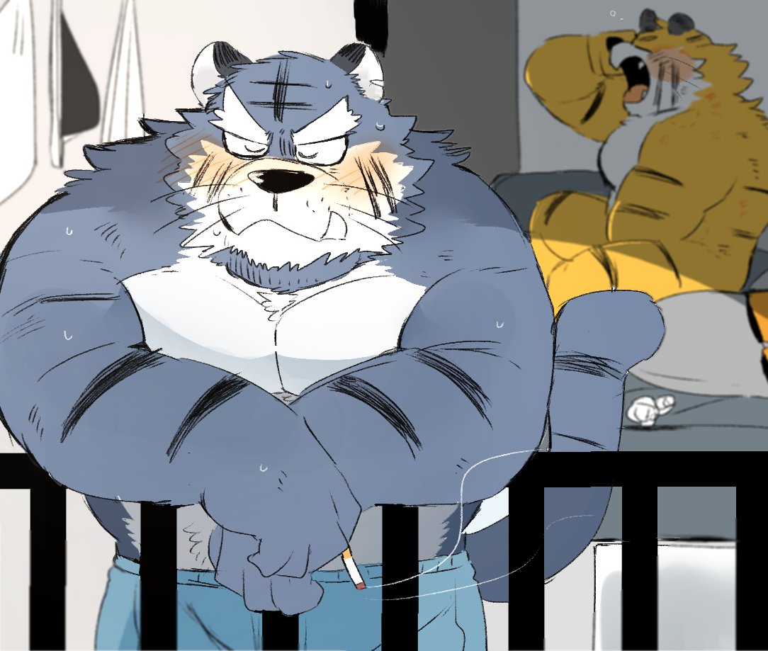 2020 anthro barazoku bed black_nose blush clothing duo eyes_closed felid fur furniture hyaku_(artist) kemono male mammal pantherine sitting tiger tired underwear white_body white_fur yellow_body yellow_fur