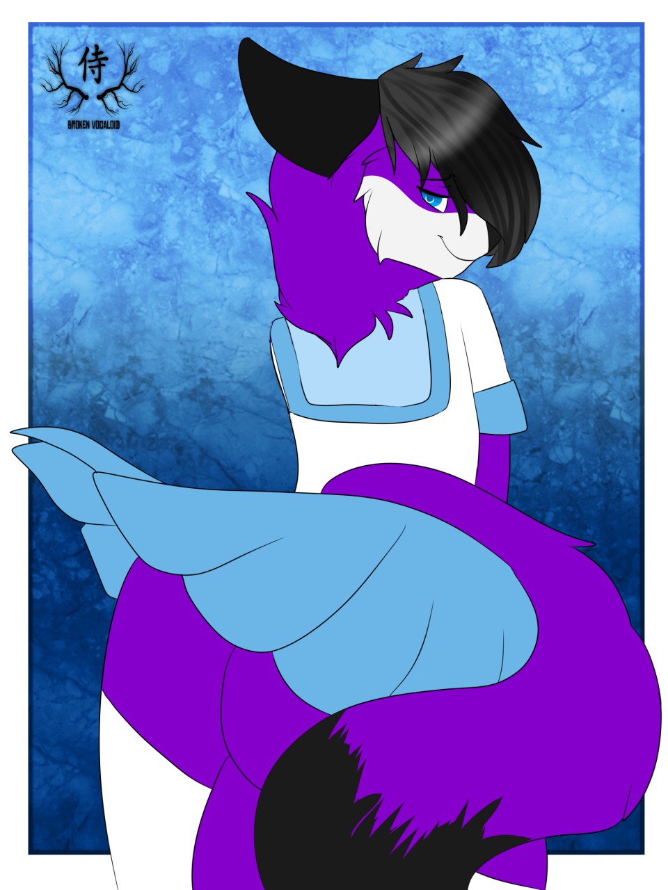 anthro black_hair bottomwear brokenvocaloid butt canid canine canis clothing costume domestic_dog elkhound fur hair hi_res looking_at_viewer looking_back_at_viewer male mammal pawalo purple_body purple_fur school_uniform skirt solo spitz uniform