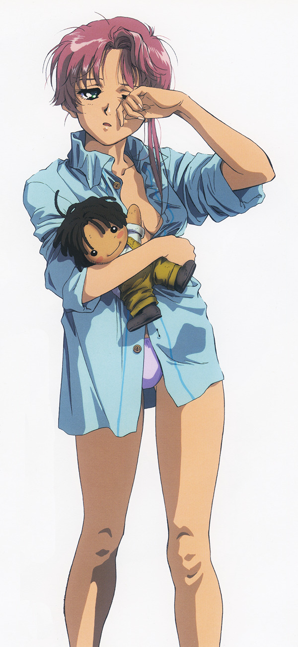 1990s_(style) 1girl doll feet_out_of_frame highres holding holding_doll long_hair mikimoto_haruhiko no_bra no_pants official_art open_clothes open_mouth open_shirt orguss_02 pajamas panties pink_hair pink_panties rubbing_eyes sleeves_past_wrists solo toria_(orguss_02) unbuttoned underwear