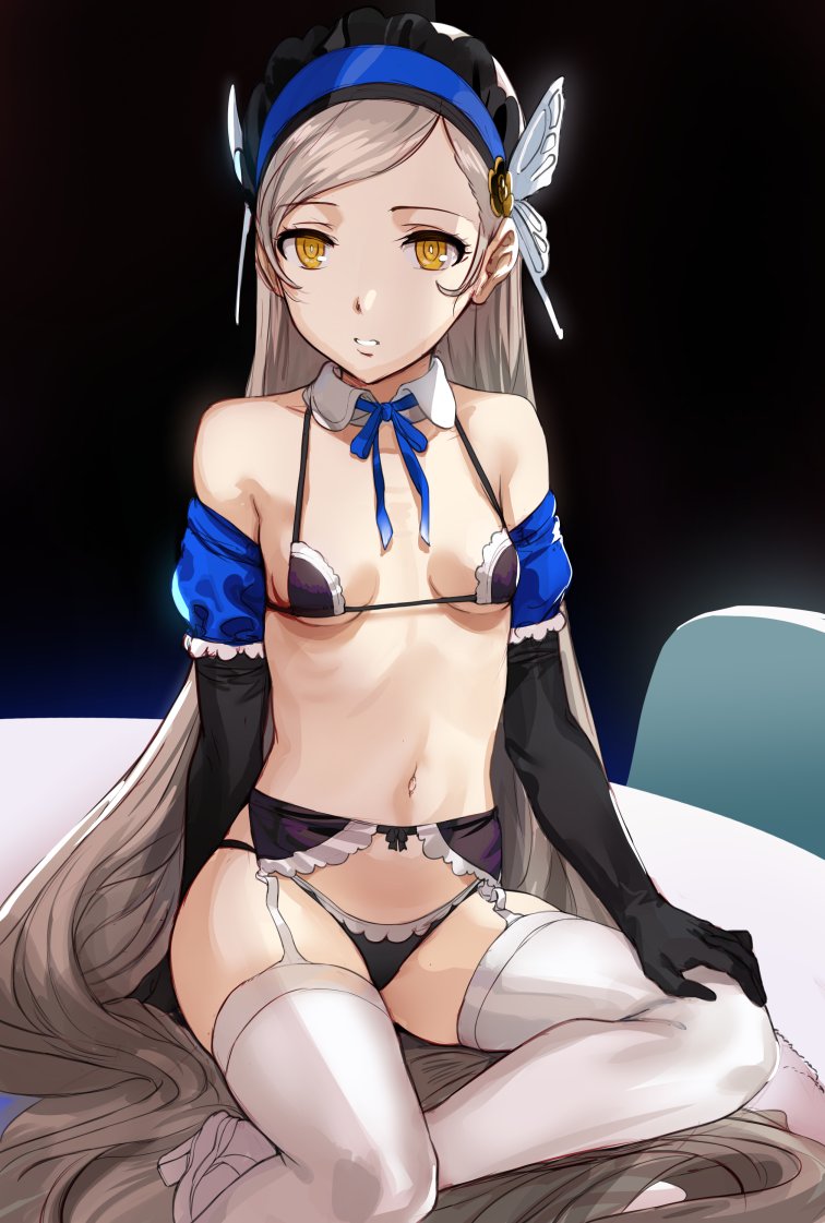 1girl bangs bare_shoulders bikini black_bikini black_gloves black_skirt blue_hairband blush breasts butterfly_hair_ornament collarbone elbow_gloves garter_belt garter_straps gloves hair_ornament hairband hews_hack lavenza long_hair looking_at_viewer micro_bikini parted_lips persona persona_5 silver_hair sitting skirt small_breasts swept_bangs swimsuit thighhighs very_long_hair white_legwear yellow_eyes