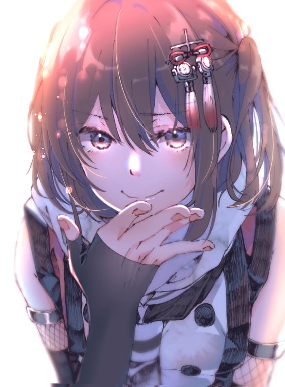 1girl bangs black_gloves brown_eyes brown_hair elbow_gloves eyebrows_visible_through_hair fingerless_gloves fishnets gloves hair_between_eyes hair_ornament kantai_collection remodel_(kantai_collection) rinto_(rint_rnt) scarf sendai_(kantai_collection) simple_background sleeveless smile solo two_side_up upper_body white_background white_scarf