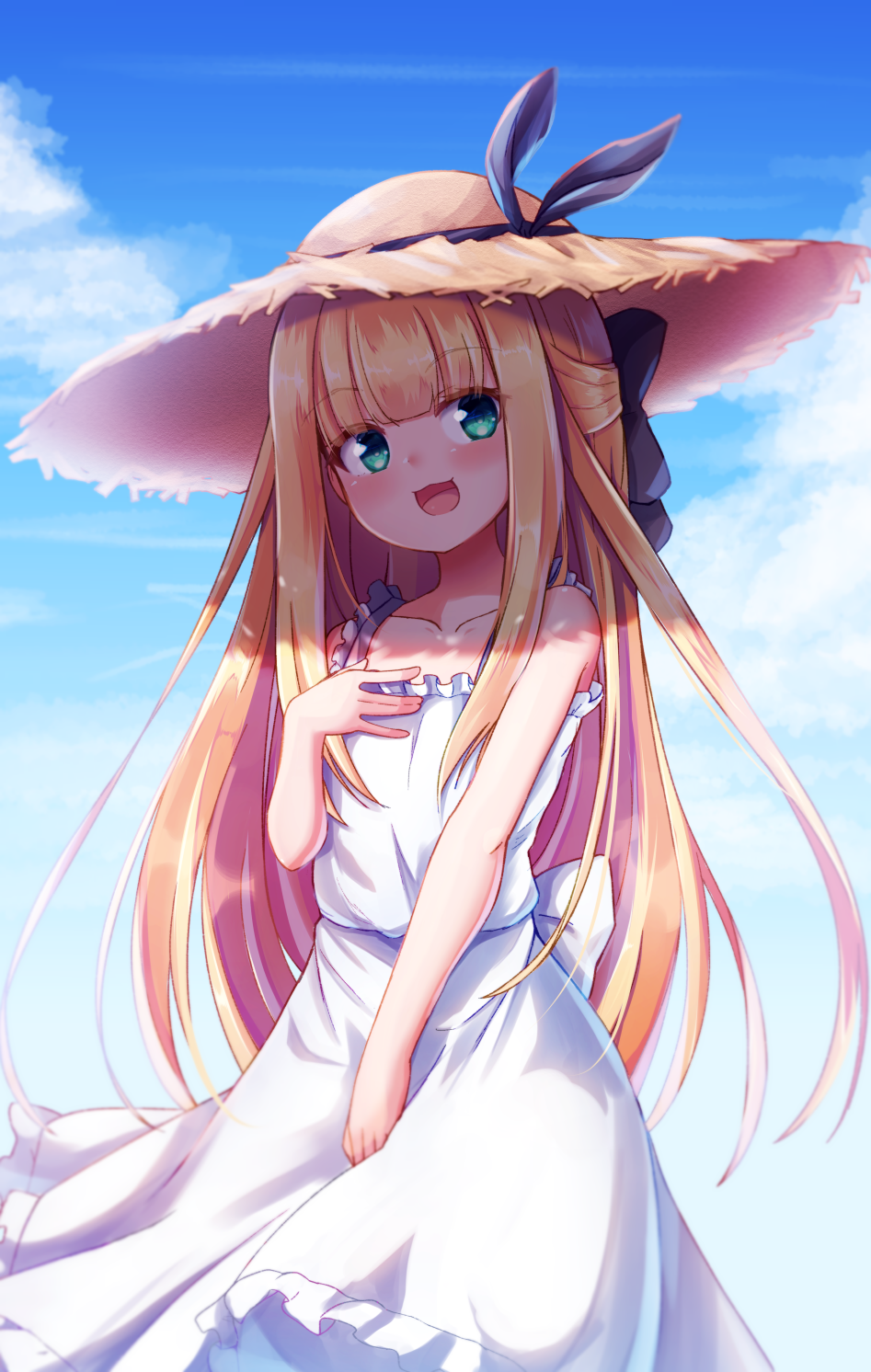 1girl :d bangs baram bare_arms bare_shoulders black_bow black_ribbon blonde_hair blue_sky blush bow brown_headwear clip_studio_paint_(medium) cloud cloudy_sky collarbone commentary_request day dress eyebrows_visible_through_hair frilled_dress frills green_eyes hair_bow hand_up hat hat_ribbon highres long_hair looking_at_viewer mononobe_alice nijisanji open_mouth outdoors ribbon sky sleeveless sleeveless_dress smile solo straw_hat very_long_hair virtual_youtuber white_dress