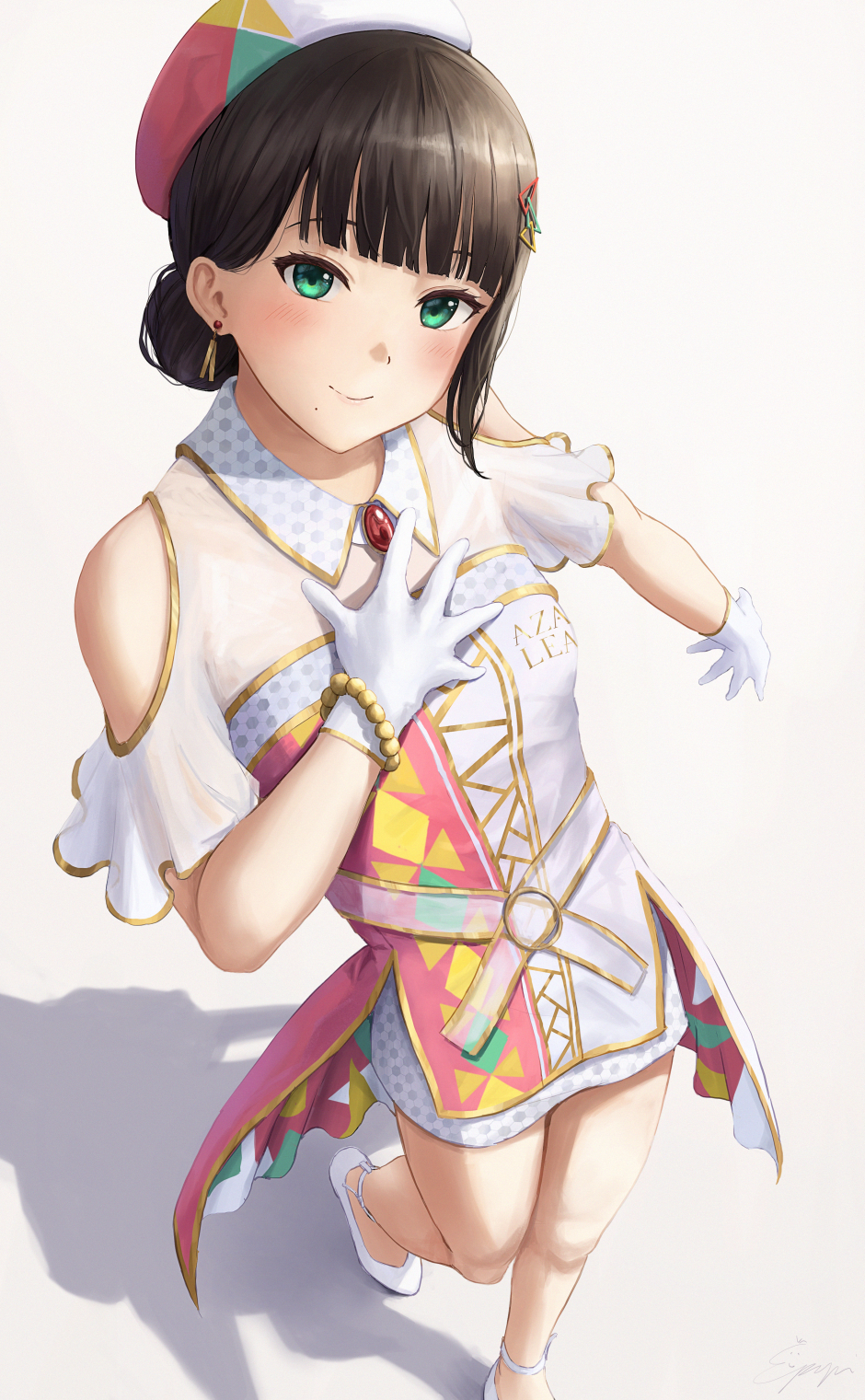1girl bangs bare_legs bare_shoulders blunt_bangs blush brown_hair closed_mouth dress foreshortening from_above gloves green_eyes hair_bun hair_ornament hand_on_own_chest hat highres kurosawa_dia long_hair looking_at_viewer looking_up love_live! love_live!_sunshine!! mole mole_under_eye multicolored multicolored_clothes multicolored_dress multicolored_headwear papi_(papiron100) shadow short_sleeves shoulder_cutout simple_background smile solo walking white_background white_footwear white_gloves