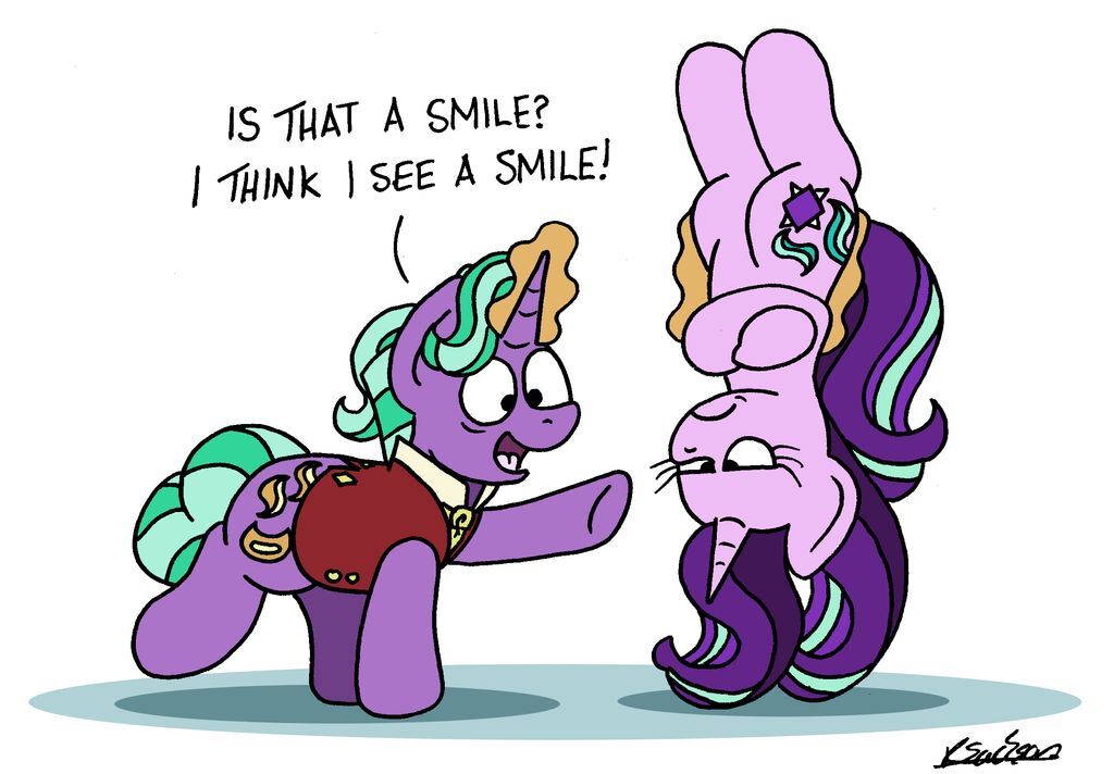2020 bobthedalek english_text equid equine firelight_(mlp) friendship_is_magic frown glowing hasbro horn levitation magic mammal my_little_pony starlight_glimmer_(mlp) suspension text unicorn upside_down