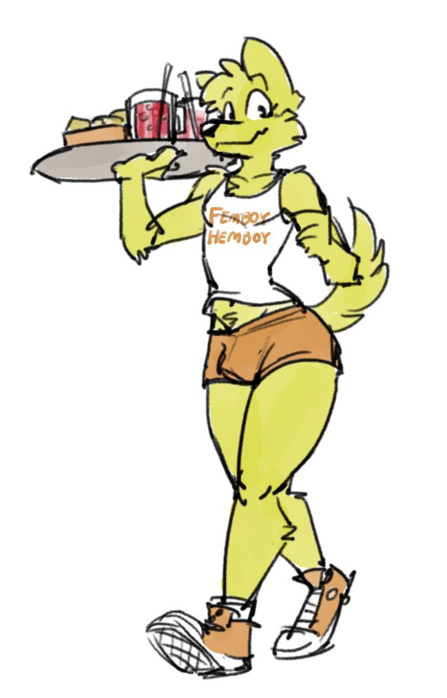 2020 anthro artbyyellowdog beverage black_nose blonde_hair bottomwear bulge canid canine canis cheek_tuft clothing domestic_dog eyelashes facial_tuft femboy_hooters food footwear fur girly hair holding_object holding_plate looking_at_viewer male mammal midriff navel shirt shoes shorts smile solo tank_top topwear tuft waiter walking yellow_body yellow_fur