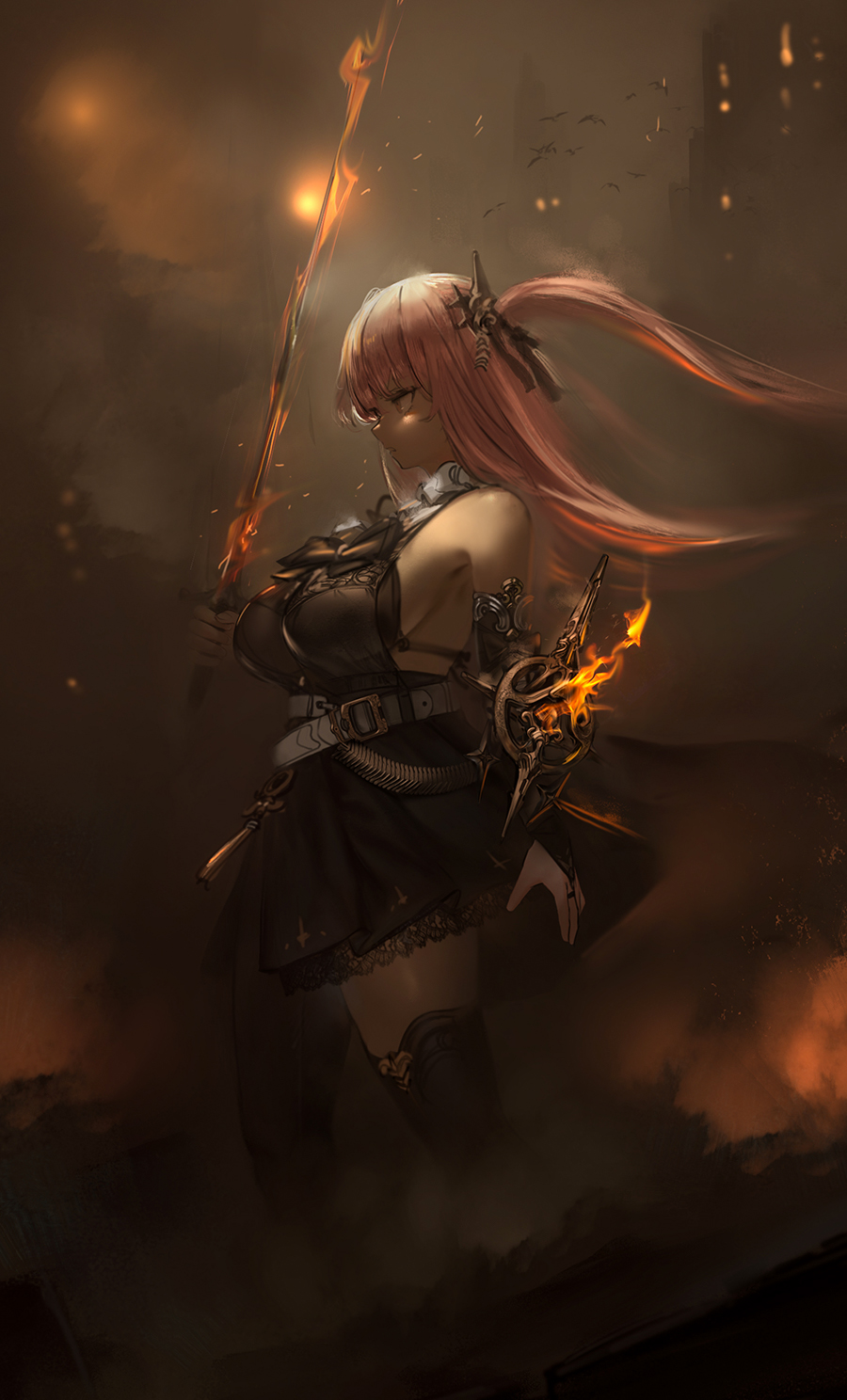 1girl bangs bare_shoulders belt black_dress breasts dress flaming_sword flaming_weapon from_side hair_ornament highres holding holding_sword holding_weapon jewelry large_breasts long_hair original outdoors pink_hair renatus.z ring side_ponytail sideboob sleeveless sleeveless_dress standing sword thighhighs thighs weapon white_belt