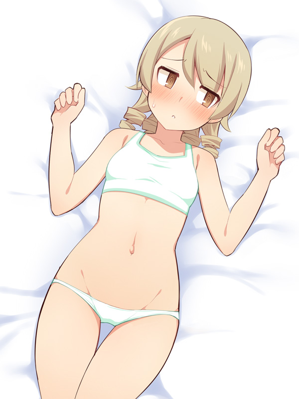 1girl @_@ bangs bare_arms bare_shoulders bed_sheet blush bra breasts brown_eyes brown_hair collarbone eyebrows_visible_through_hair groin hair_between_eyes hands_up idolmaster idolmaster_cinderella_girls lying morikubo_nono navel nose_blush on_back panties parted_lips small_breasts solo sweat thigh_gap underwear underwear_only ushi white_bra white_panties