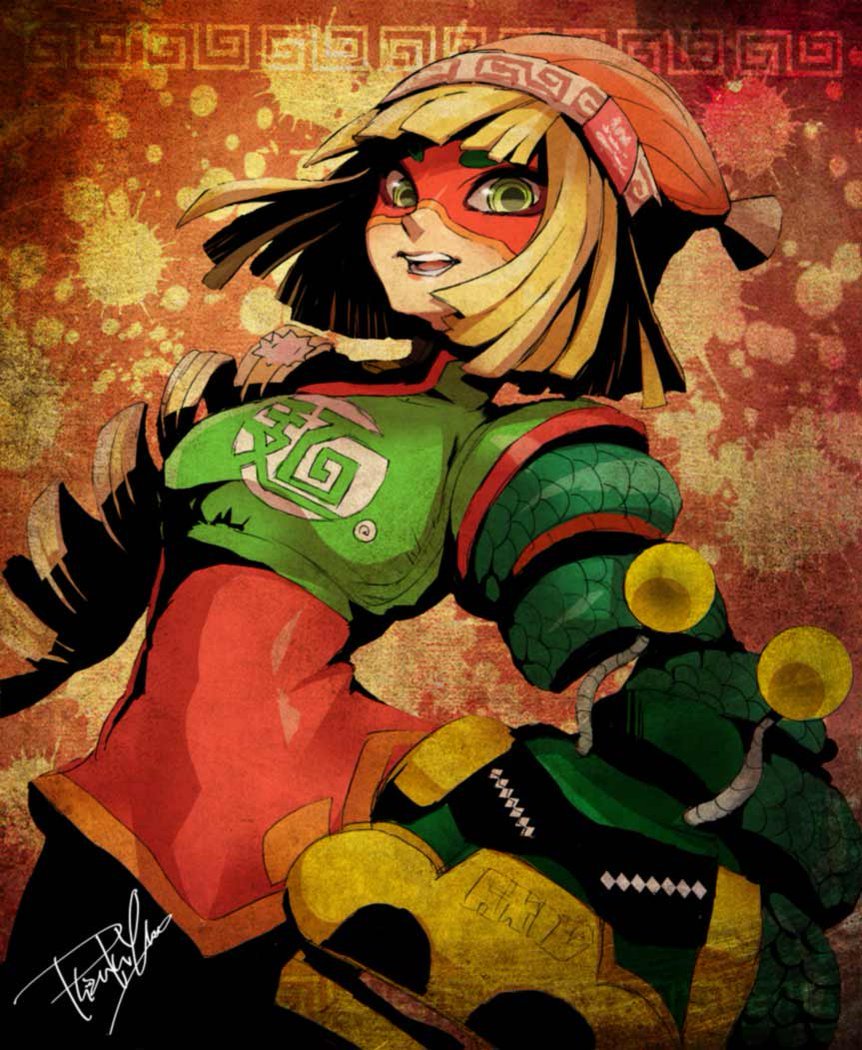 1girl al_bhed_eyes arms_(game) bangs beanie blonde_hair blunt_bangs blunt_ends bowl_cut breasts chinese_clothes chinese_text clothes_writing crop_top domino_mask dragon dragon_(arms) eastern_dragon eyebrows_visible_through_mask food green_eyes green_shirt hat isamu-ki_(yuuki) knit_hat looking_at_viewer mask medium_breasts min_min_(arms) noodles open_mouth orange_background ringed_eyes shirt short_hair signature solo splatter splatter_background teeth turtleneck