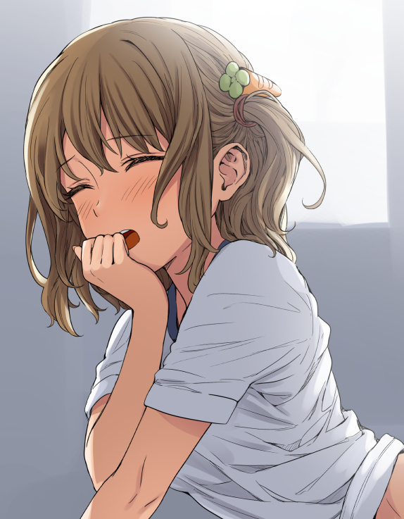 1girl blush brown_hair carrot_hair_ornament closed_eyes covering_mouth food_themed_hair_ornament gym_shirt gym_uniform hair_ornament hand_over_own_mouth medium_hair one_side_up open_mouth original shirt shirt_lift short_sleeves solo upper_body yoropa