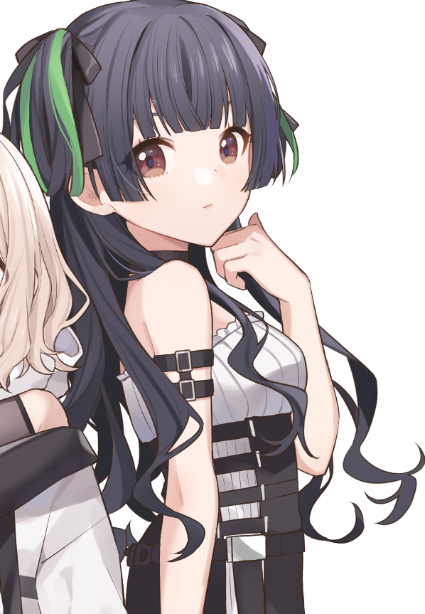 2girls armlet bangs bare_shoulders black_bow black_hair blouse blunt_bangs bow breasts brown_eyes character_request chiri_(ch!) choker closed_mouth eyebrows_behind_hair facing_to_the_side green_stripe hair_ribbon idolmaster idolmaster_shiny_colors long_hair looking_at_viewer mayuzumi_fuyuko multiple_girls profile ribbed_shirt ribbon shirt small_breasts strapless_shirt tied_hair twintails upper_body wavy_hair white_background white_blouse