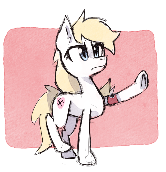 anonymous_artist armband armbinder aryanne_(character) blonde_mane blonde_tail blue_eyes cutie_mark equid equine fan_character female feral friendship_is_magic fur gesture heil horse mammal mane my_little_pony nazi nazi_armband pony raised_hoof salute solo swastika white_body white_fur