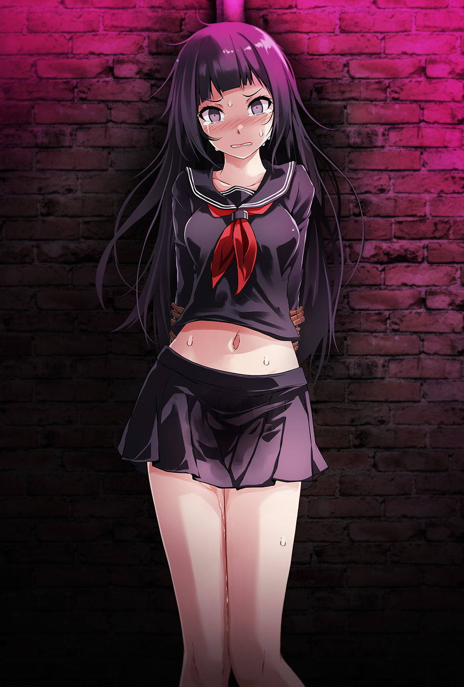 1girl bangs bare_legs black_blouse black_hair black_skirt blouse blunt_bangs blush bound breasts brick_wall chat_noir_(module) collarbone crying crying_with_eyes_open grey_eyes hatsune_miku highres hime_cut medium_breasts messy_hair navel pee_stain peeing peeing_self photo_background project_diva_(series) red_neckwear school_uniform skirt solo standing sweat tears tied_up tsukishiro_saika wet wet_clothes wet_skirt