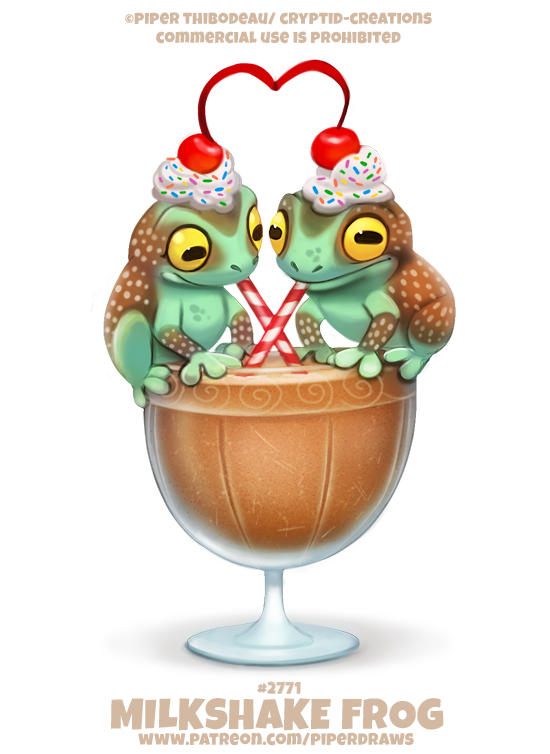 amazon_milk_frog ambiguous_gender amphibian brown_body candy cherry chocolate cryptid-creations duo english_text feral food frog fruit goblet green_body milkshake plant simple_background smile sprinkles straw text tree_frog url whipped_cream white_background yellow_eyes