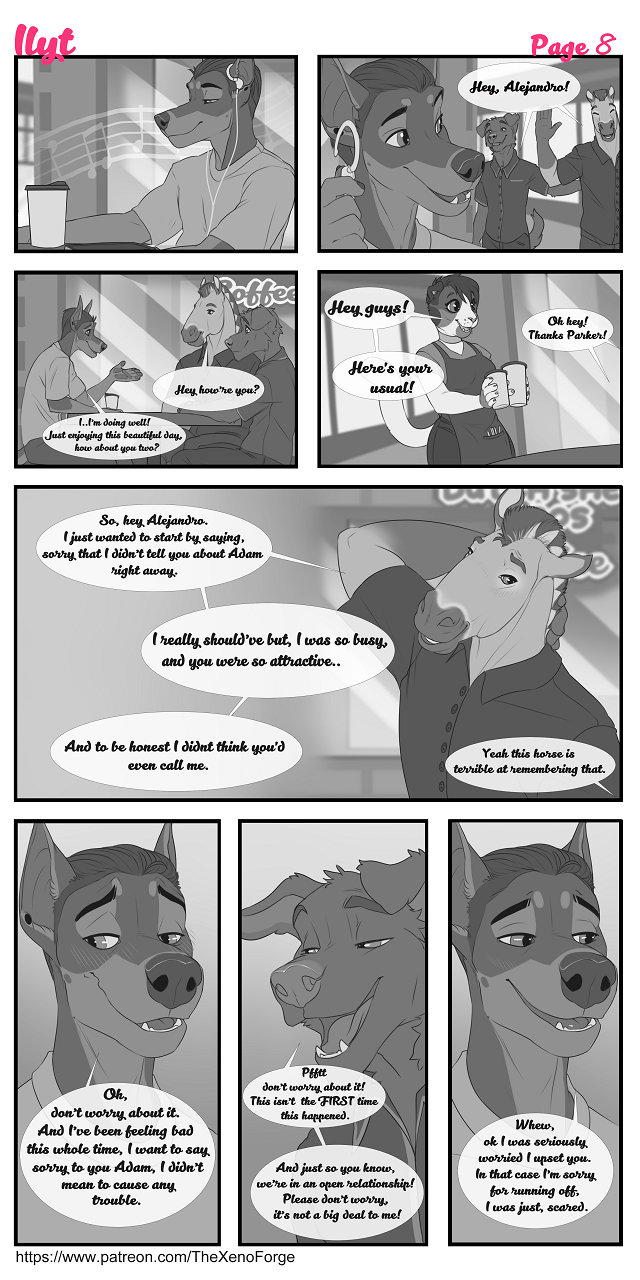 1:2 adam_(xenoforge) alejandro anthro canid canine canis clothed clothing comic_page conditional_dnp david_(xenoforge) domestic_dog duo english_text equid equine felid feline female fur group hair headphones hi_res horse male mammal music parker simple_background text url xenoforge
