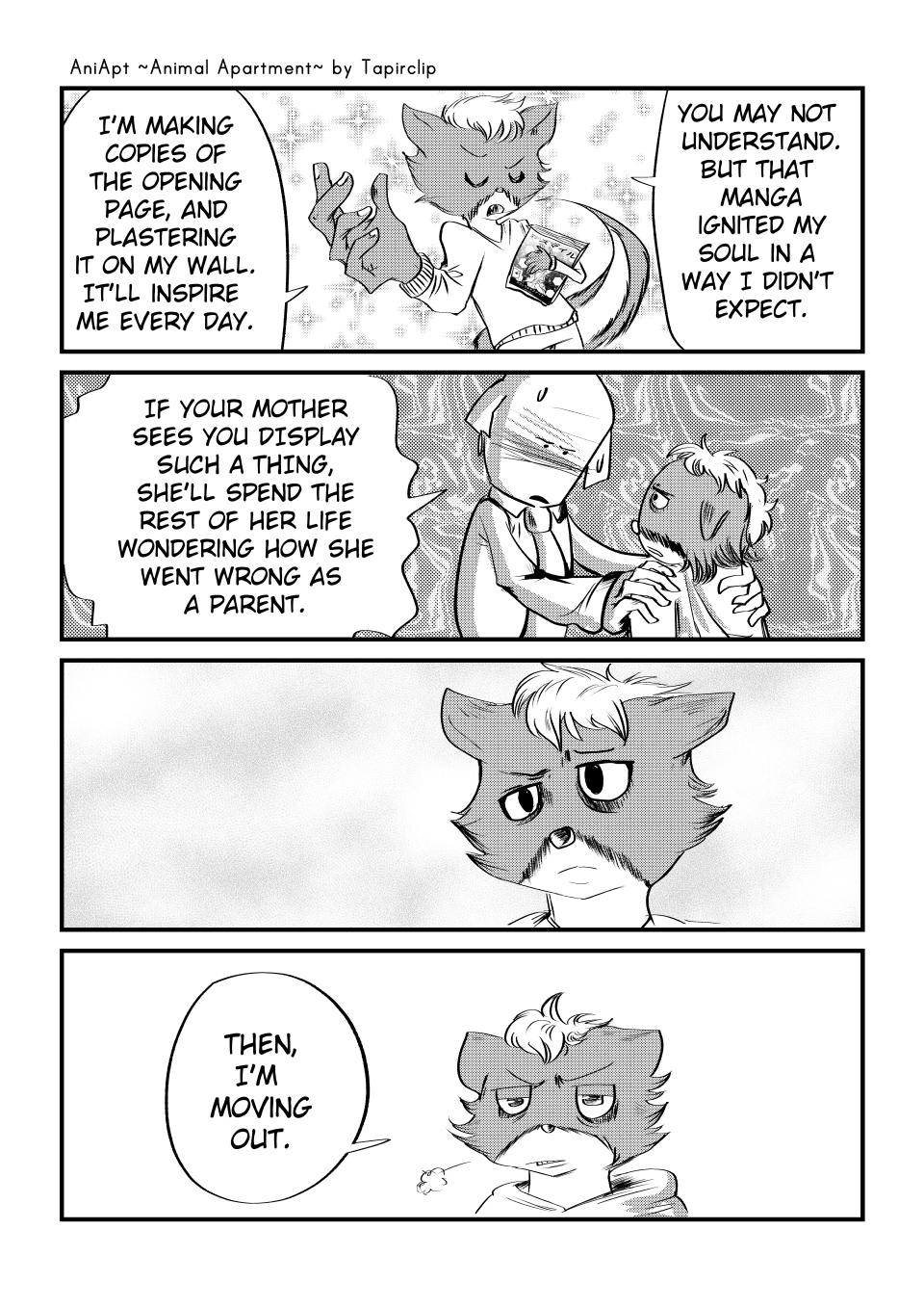 2020 4koma aniapt_(manga) anthro bodily_fluids book canid canine canis cheek_tuft chien clothed clothing comic cute_fangs digital_media_(artwork) domestic_dog duo english_text eyes_closed facial_tuft fan_character fluffy fluffy_tail greyscale hair hi_res holding_object hoodie inner_ear_fluff male mammal manga mephitid messy_hair monochrome multicolored_body necktie open_mouth screentone simple_background skunk speech_bubble sweat sweatdrop tapirclip text text_box topwear tuft two_tone_body