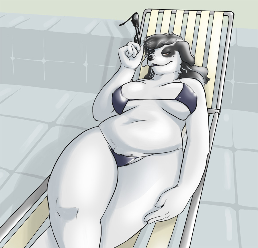 anthro biped black_hair bra breasts canid canine chair clothed clothing eyewear female furniture glasses hair lying mammal outside panties ritts skimpy slightly_chubby solo sunglasses thick_thighs underwear wide_hips
