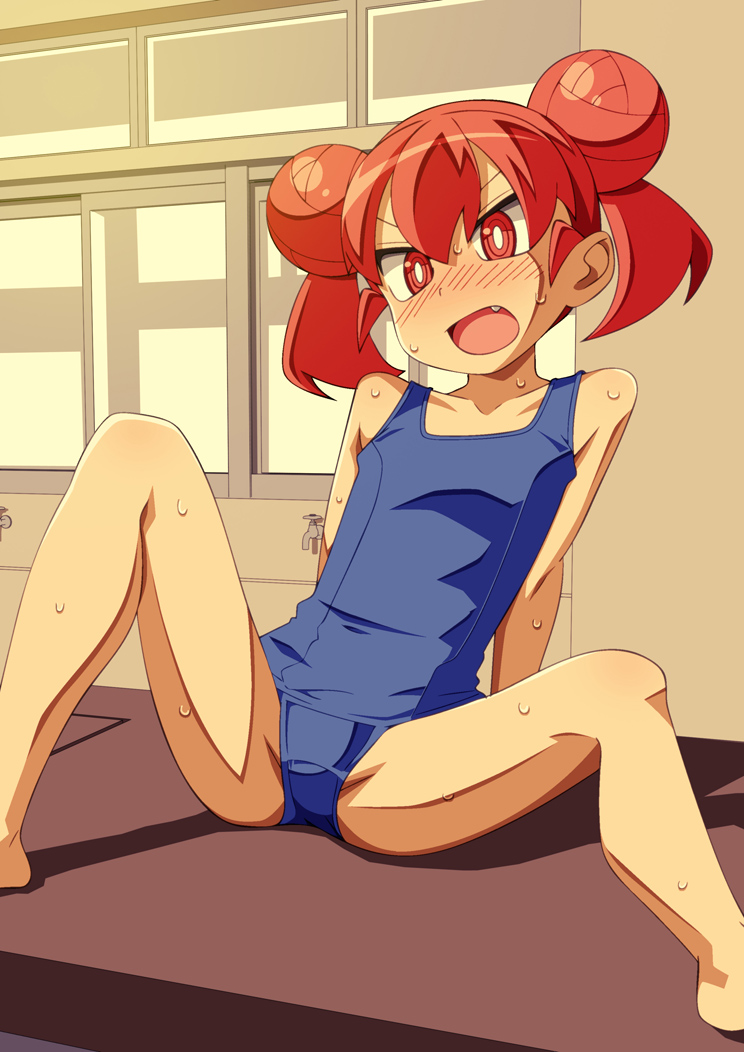 1girl arms_behind_back bangs blue_swimsuit blush carinae commentary_request double_bun fang feet hair_between_eyes indoors open_mouth orange_eyes orange_hair school_swimsuit short_twintails sitting solo spread_legs sweat swimsuit tongue twintails ueno-san_wa_bukiyou ueno_(ueno-san_wa_bukiyou) v-shaped_eyebrows