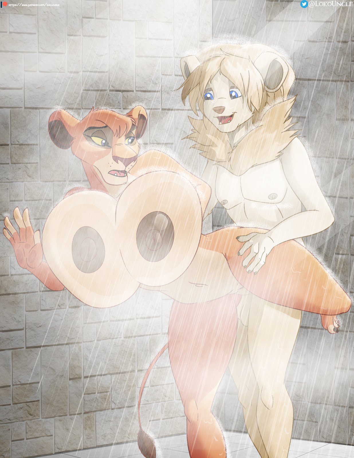 5_fingers anthro areola balls bathroom big_areola big_breasts big_nipples blonde_hair blue_eyes breasts brick_wall brown_nose chest_tuft colored_nails dark_nipples disney duo el-loko erect_nipples erection felid female fingers fur genitals hair half-closed_eyes hi_res huge_breasts humanoid lion looking_back male male/female mammal nails narrowed_eyes navel nipples nude on_glass open_mouth pantherine penetration penis pussy raised_leg sex shoulder_tuft shower showering smile standing the_lion_king thick_thighs toes tongue tuft vaginal vaginal_penetration vitani yellow_body yellow_fur