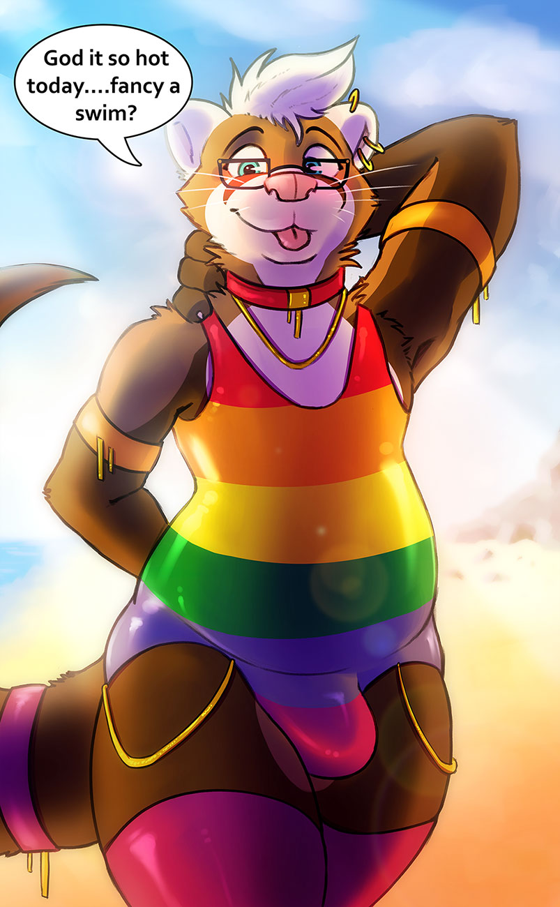 beach bulge clothing collar domestic_ferret ferrettre hi_res lgbt_pride male male/male mammal milligram_smile mustela mustelid musteline onepiece outside piercing pinup pose rubber seaside solo summer sun swimwear tre