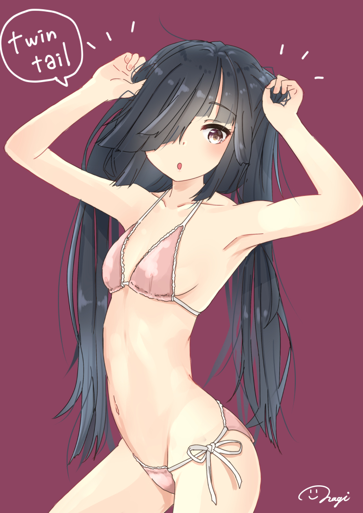 1girl bikini black_hair breasts brown_eyes commentary_request cowboy_shot grin hair_over_one_eye hayashimo_(kantai_collection) holding holding_hair kantai_collection long_hair looking_at_viewer nagi_(shunsuke-manage) purple_background side-tie_bikini signature small_breasts smile solo swimsuit very_long_hair