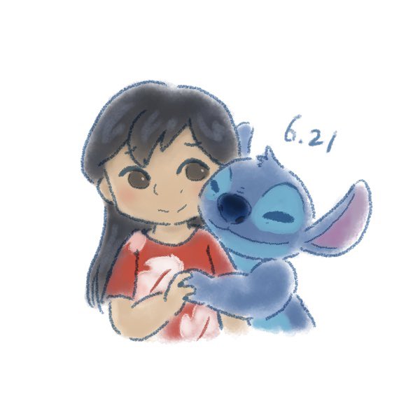 1:1 2020 alien ambiguous_gender bangs black_hair blue_body blue_claws blue_fur blue_nose child claws disney duo experiment_(lilo_and_stitch) female fluffy_land fur hair hand_holding happy head_tuft hug human lilo_and_stitch lilo_pelekai long_hair looking_aside male_(lore) mammal muumuu simple_background smile stitch_(lilo_and_stitch) tuft white_background young