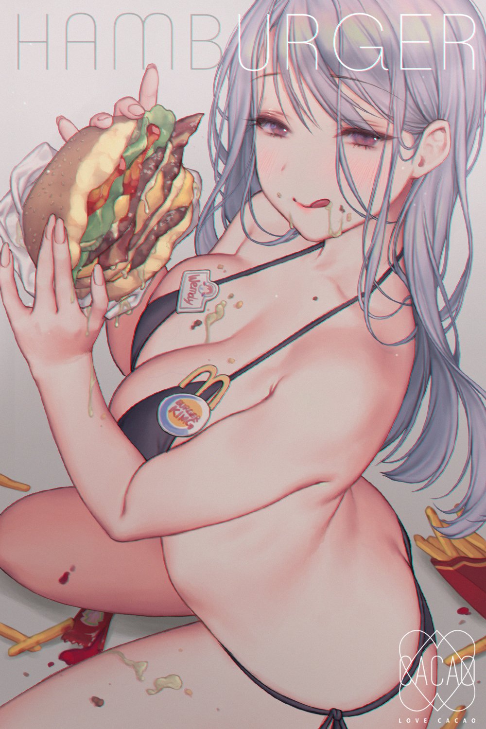 1girl artist_name ass bangs bare_shoulders bikini black_bikini breasts brown_eyes burger_king cleavage commentary crumbs eyebrows_visible_through_hair food french_fries from_above from_side halterneck hamburger highres holding holding_food ketchup large_breasts licking_lips logo long_hair looking_at_viewer love_cacao mcdonald's mole original seiza silver_hair sitting string_bikini swimsuit symbol_commentary thighs tongue tongue_out wendy's