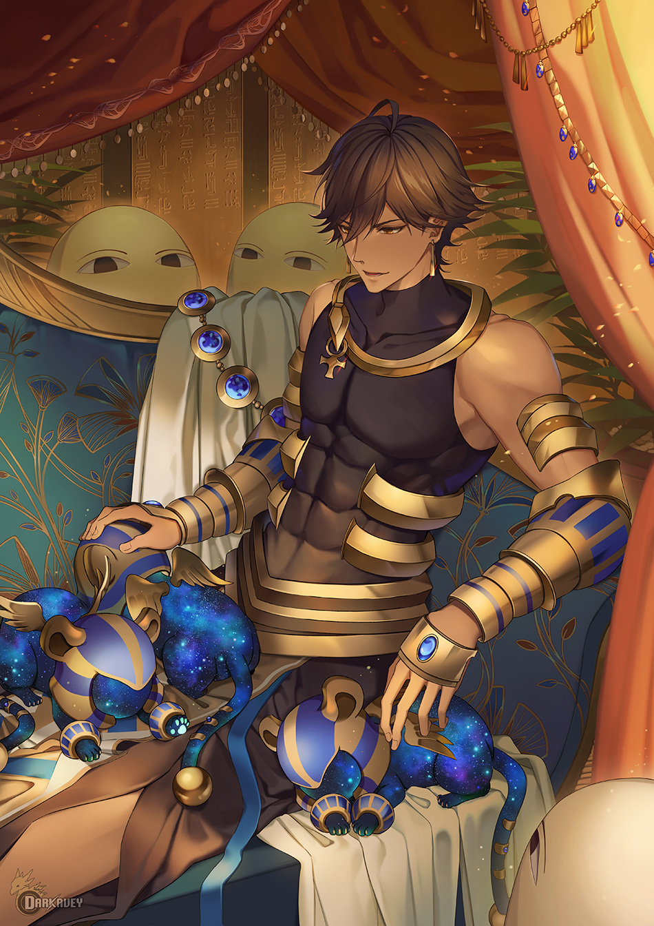 1boy ahoge bangs bare_shoulders brown_hair chest couch covered_abs covered_navel dark_skin dark_skinned_male darkavey earrings eyebrows_visible_through_hair fate/grand_order fate_(series) highres jewelry male_focus medjed open_mouth ozymandias_(fate) petting revealing_clothes sitting sleeveless smile tiger upper_body vambraces yellow_eyes