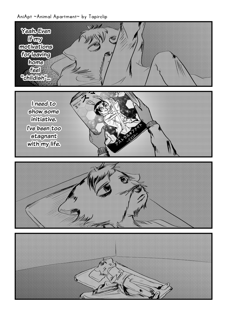 2020 4koma 5_fingers aniapt_(manga) bed black_nose book cheek_tuft clothed clothing comic cute_fangs digital_media_(artwork) english_text facial_tuft fingers fluffy fluffy_tail furniture greyscale hair hi_res holding_object hoodie inner_ear_fluff inside male mammal manga mephitid messy_hair monochrome multicolored_body sad screentone simple_background skunk solo tapirclip text topwear tuft two_tone_body