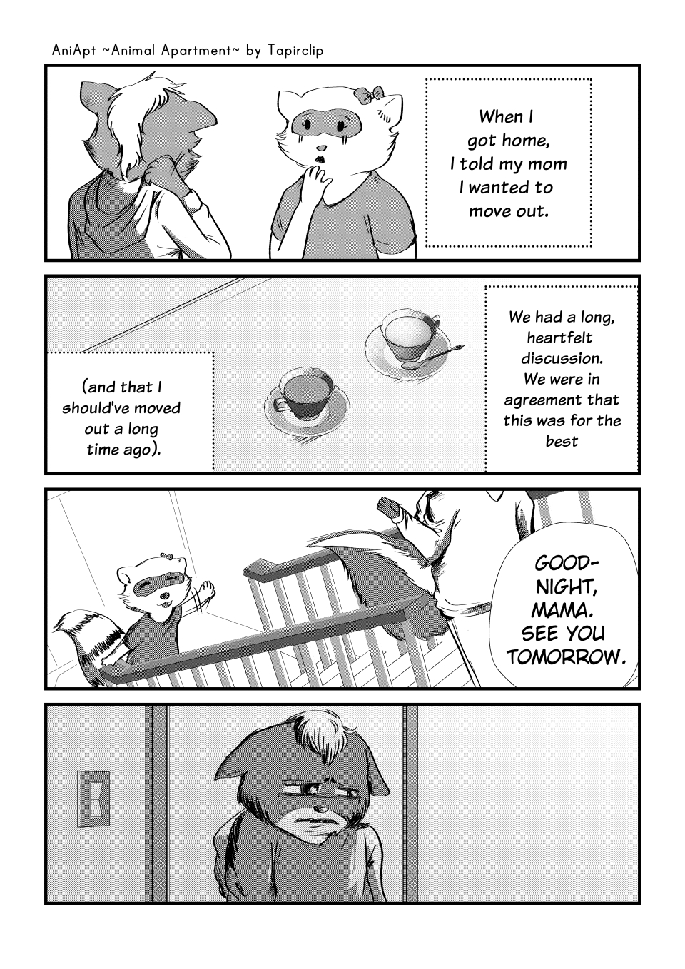 2020 4koma 5_fingers accessory aniapt_(manga) anthro beverage black_nose blush bodily_fluids cheek_tuft closed_smile clothed clothing comic crying cup cute_fangs cutlery digital_media_(artwork) duo english_text facial_tuft fingers fluffy fluffy_tail furniture greyscale hair hair_accessory hair_bow hair_ribbon happy hi_res holding_object hoodie inner_ear_fluff inside kitchen_utensils male mammal manga mephitid messy_hair monochrome multicolored_body open_mouth procyonid raccoon ribbons screentone shirt simple_background skunk smile speech_bubble spoon stairs standing surprise table tapirclip tears text text_box tools topwear tuft two_tone_body walking wave