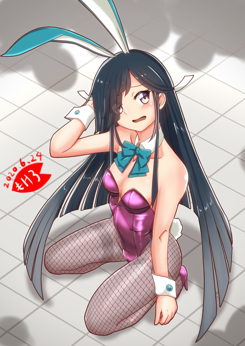 1girl animal_ears black_hair blue_eyes blue_neckwear bow bowtie breasts bunny_ears bunny_girl bunny_tail bunnysuit commentary_request detached_collar fishnet_legwear fishnets full_body grey_legwear hair_over_one_eye hayashimo_(kantai_collection) kantai_collection kneeling leotard long_hair looking_at_viewer mokerou pantyhose purple_leotard shadow small_breasts solo strapless strapless_leotard tail thick_eyebrows tile_floor tiles very_long_hair wrist_cuffs