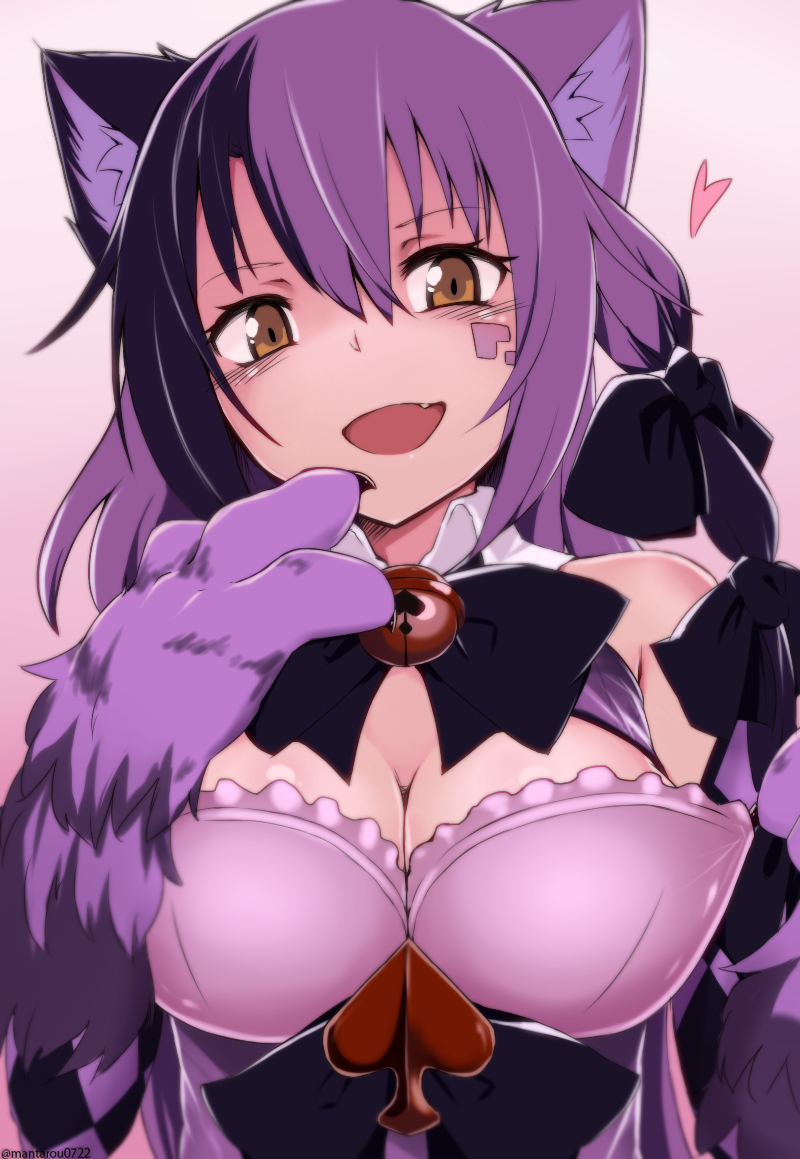&lt;3 &spades; accessory animal_humanoid big_breasts black_hair bra breasts brown_eyes bust_portrait cat_humanoid cheshire_cat_(mge) claws cleavage clothed clothing cute_fangs eye_markings eyelashes felid felid_humanoid feline feline_humanoid female fur hair hair_accessory hair_bow hair_ribbon humanoid inner_ear_fluff light_skin looking_at_viewer mammal mammal_humanoid mantarou markings monster_girl_(genre) monster_girl_encyclopedia multicolored_body multicolored_fur multicolored_hair open_mouth open_smile paws portrait purple_body purple_fur purple_hair ribbons simple_background smile solo suit_symbol tuft two_tone_body two_tone_fur two_tone_hair underwear white_background