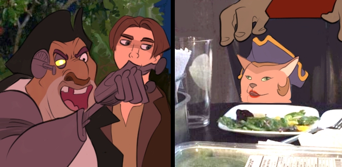 2020 brown_hair captain_amelia clothing disney domestic_cat felid feline felis female food gesture green_eyes group hair hat headgear headwear human humanoid humor jim_hawkins long_john_silver male mammal meme open_mouth pointing treasure_planet unknown_artist woman_yelling_at_a_cat yelling