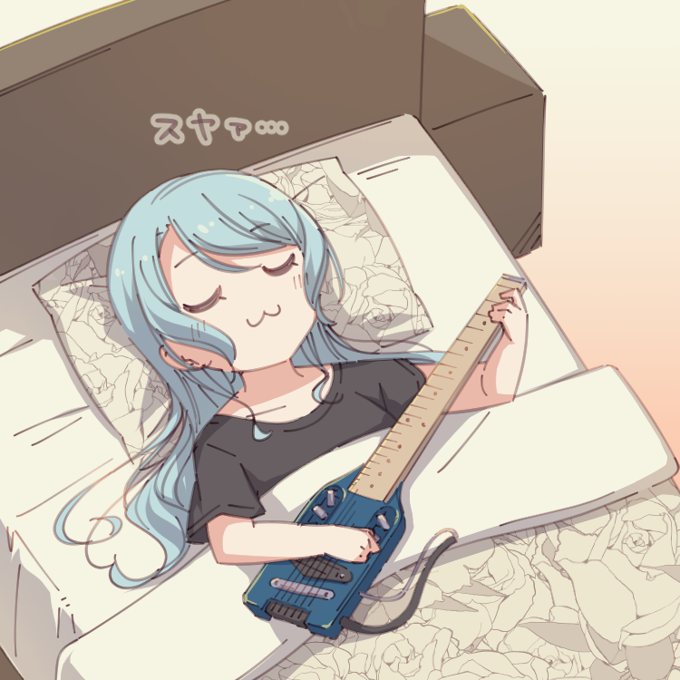 1girl :3 aqua_hair ayasaka bang_dream! bed black_shirt commentary_request electric_guitar floral_print guitar hikawa_sayo instrument long_hair lying on_back pillow shirt sleeping solo t-shirt u_u under_covers