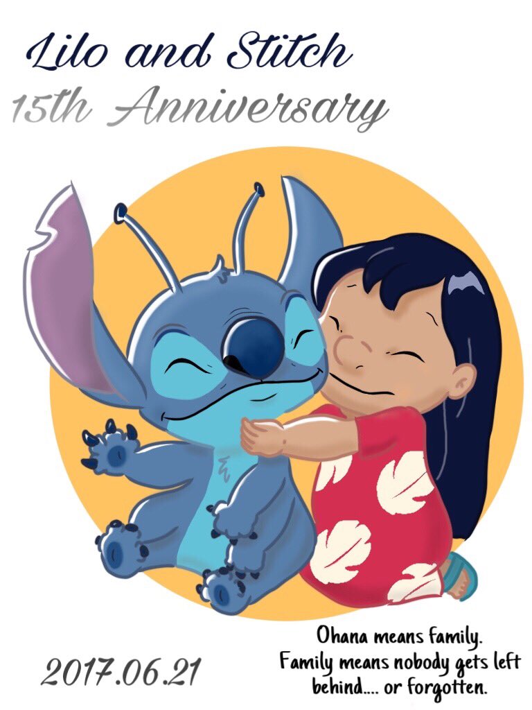 2017 3:4 4_arms 4_fingers 4_toes 5_fingers alien ambiguous_gender anniversary antennae_(anatomy) black_hair blue_body blue_claws blue_fur blue_nose blue_pawpads chest_tuft claws clothed clothing dipstick_antennae disney duo english_text experiment_(lilo_and_stitch) eyes_closed female fingers footwear fur hair hawaiian_text head_tuft hug human kneeling lilo_and_stitch lilo_pelekai long_hair male_(lore) mammal mayoooon_626 multi_arm multi_limb multicolored_antennae muumuu notched_ear pawpads sandals simple_background sitting smile stitch_(lilo_and_stitch) text toes tuft