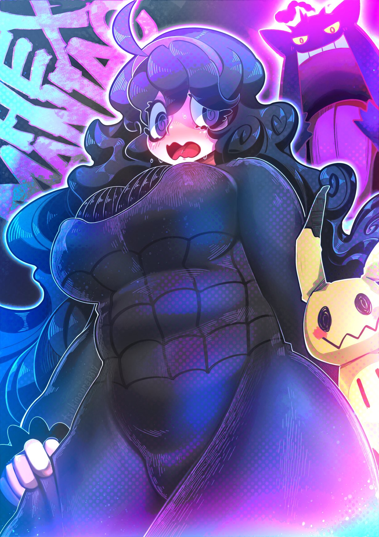 1girl ahoge al_bhed_eyes artist_name big_hair black_dress black_sweater blush breasts character_name colorful commentary_request cowboy_shot crosshatching curly_hair d: dress dripping eyelashes fat_mons flipped_hair frilled_sleeves frills from_below gen_1_pokemon gen_7_pokemon gen_8_pokemon gengar gigantamax gigantamax_gengar grabbing_own_thigh hair_between_eyes hair_over_one_eye hairband hakkasame halftone halftone_texture hex_maniac_(pokemon) highres large_breasts layered_dress long_dress long_hair looking_at_another looking_away looking_down looking_to_the_side messy_hair mimikyu no_pupils open_mouth plump pokemon pokemon_(game) pokemon_xy purple_eyes purple_hairband ribbed_sweater shaded_face shiny shiny_hair sidelocks spider_web_print sweat sweater sweater_dress taut_clothes taut_dress tight tongue unmoving_pattern very_long_hair wavy_mouth