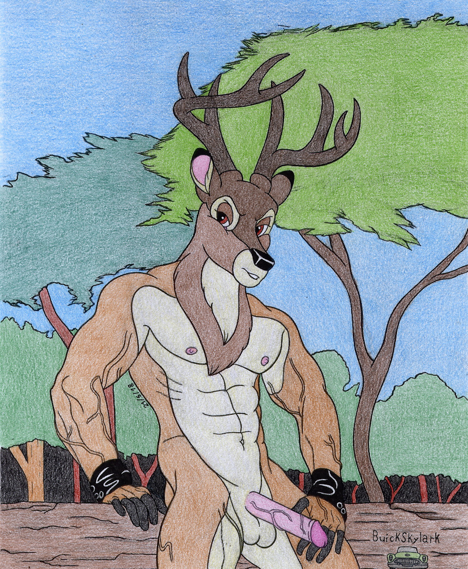 abs anthro antlers balls bambi_(film) buick_skylark cervid cervine colored_pencil disney erection father forest genitals great horn ink leather male mammal manly mature_male muscular muscular_male nature nipples parent penis prince royalty sky solo the_great_prince_of_the_forest traditional_media_(artwork) tree wood