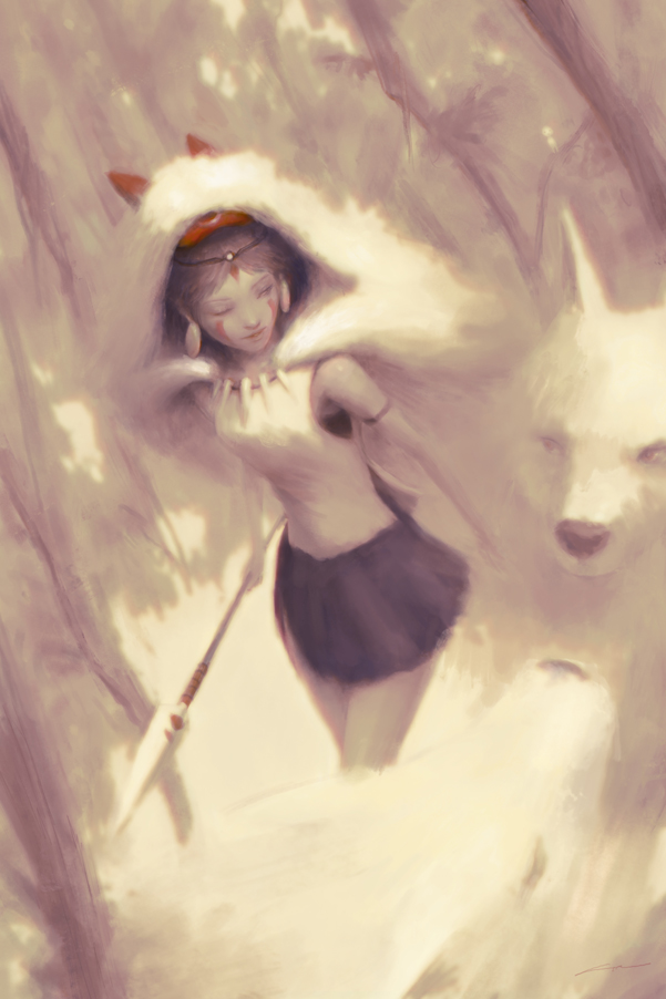 1girl alex_chow armband armpits black_hair black_shirt black_skirt closed_eyes earrings english_commentary facepaint forest fur_shirt holding holding_spear holding_weapon hunting jewelry mononoke_hime nature necklace parted_lips polearm san scenery shirt short_hair skirt sleeveless sleeveless_shirt solo spear standing tooth_necklace tree undershirt weapon white_shirt wolf