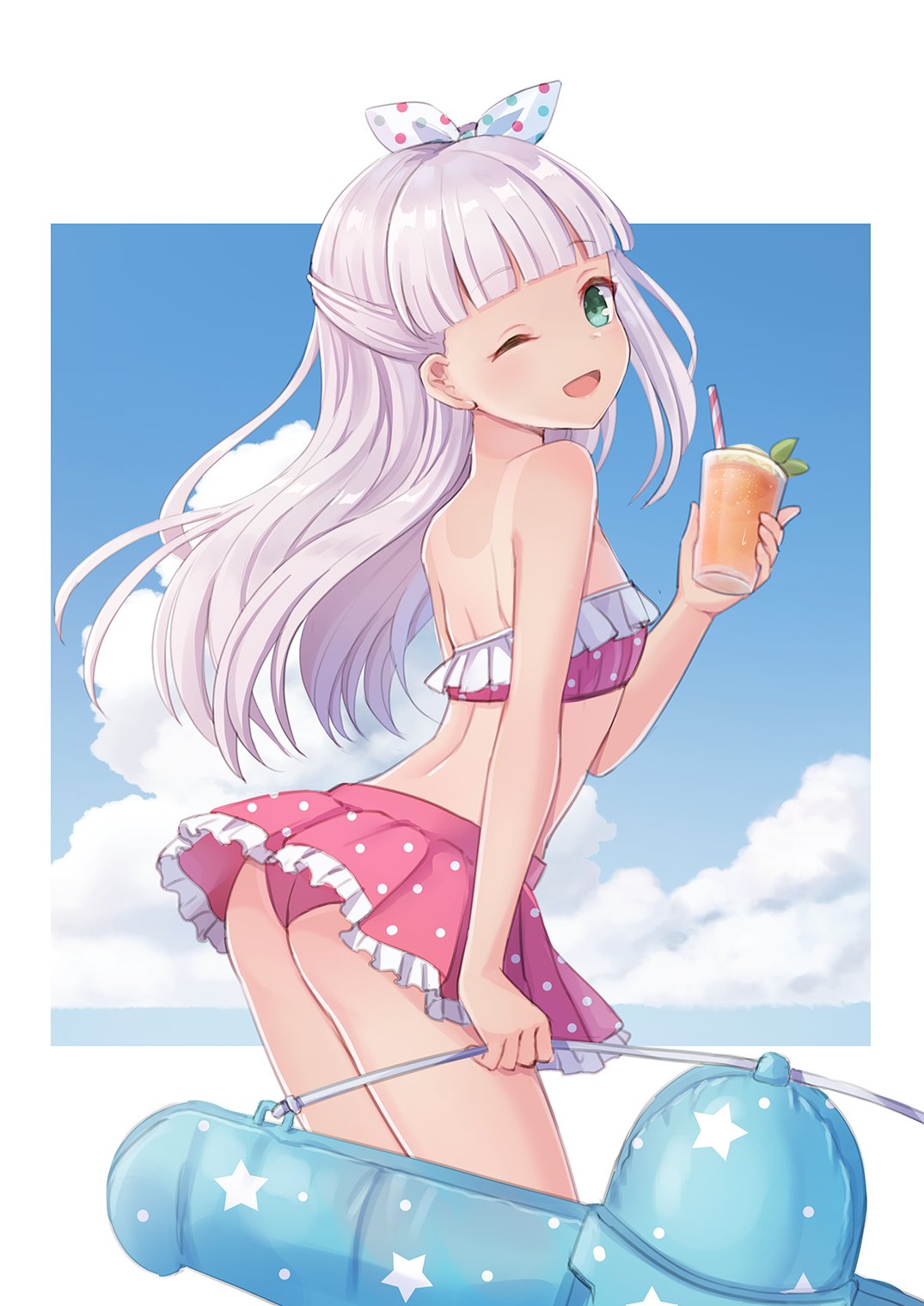 1girl anchor_hair_ornament ass bangs bikini blue_sky blunt_bangs breasts cloud commentary_request cup drinking_straw emia_wang frilled_bikini frills green_eyes hair_ornament hair_ribbon highres holding holding_cup kantai_collection long_hair maestrale_(kantai_collection) one_eye_closed one_side_up outdoors polka_dot polka_dot_bikini ribbon silver_hair sky small_breasts solo swimsuit tan tanline white_ribbon