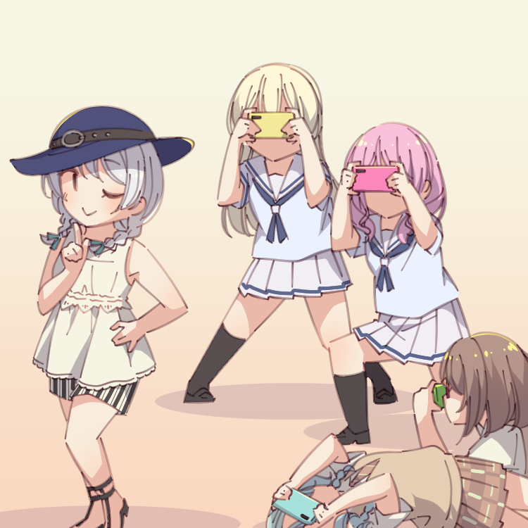 5girls ;&gt; ;) aqua_hair ayasaka bang_dream! bangs black_footwear black_legwear blonde_hair blue_headwear blue_neckwear blue_shirt braid brown_hair brown_skirt cellphone commentary_request glasses green_ribbon hair_ribbon hand_on_hip hat hikawa_hina holding holding_phone index_finger_raised kneehighs long_hair lying maruyama_aya miniskirt multiple_girls neckerchief on_back one_eye_closed pastel_palettes phone pink_hair pleated_skirt pose ribbon sandals school_uniform serafuku shirasagi_chisato shirt short_hair short_shorts short_sleeves shorts side_braids skirt smartphone smile standing striped striped_shorts sweater_vest taking_picture tan_background twin_braids wakamiya_eve white_hair white_shirt white_skirt yamato_maya