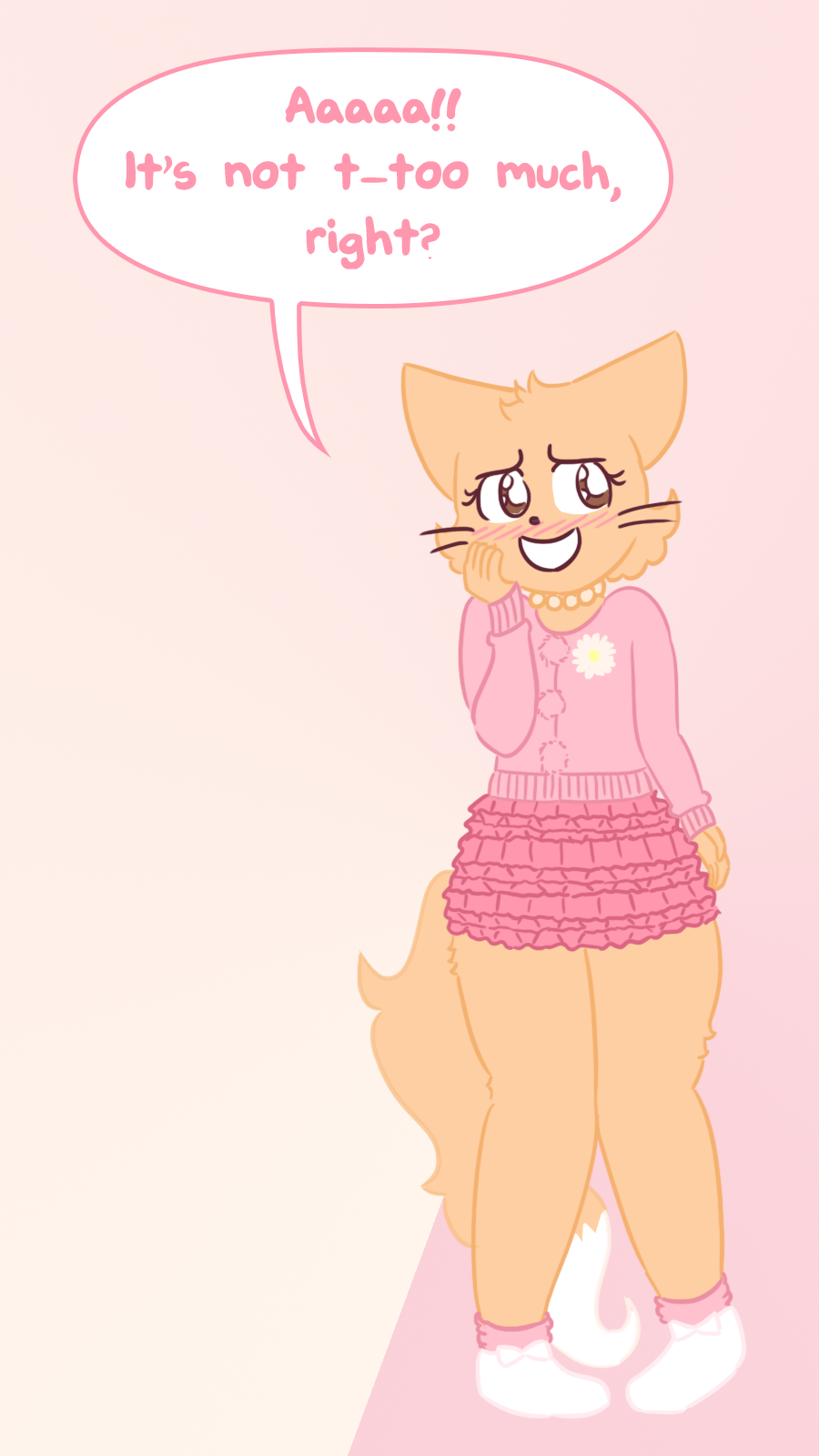 2018 anon232 bittersweet_candy_bowl blush brown_eyes cat clothed clothing daisy_(bcb) dialogue digital_media_(artwork) feline female flat_chested flower full_body fur jumper looking_at_viewer mammal nervous pastel plant shy simple_background skirt smile solo standing talking_to_viewer tan_fur teenager text thick_thighs webcomic white_fur wide_hips young
